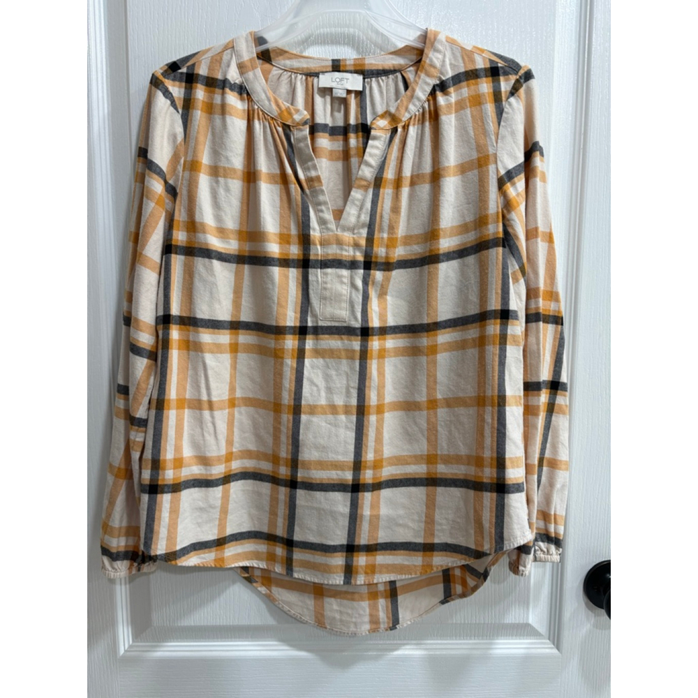 Women's LOFT Outlet Plaid Peasant Top, XS, Ivory Navy Yellow